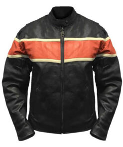 Orange Stripe Motorcycle Leather Jacket for Mens