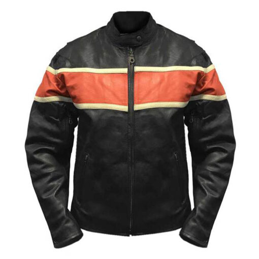 Chaqueta de cuero de motocicleta a rayas naranjas para hombre