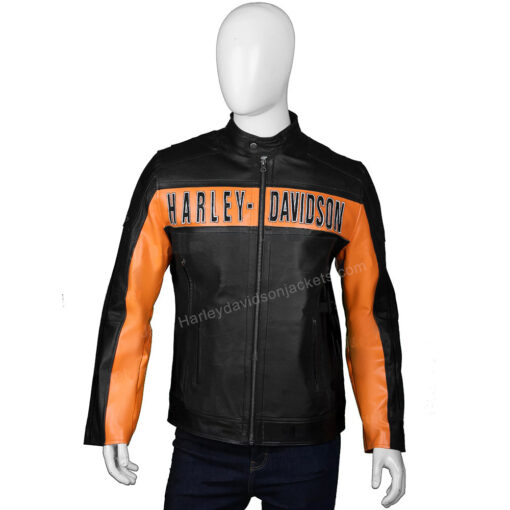 Chaqueta biker de cuero naranja y negra desgastada Harley Davidson